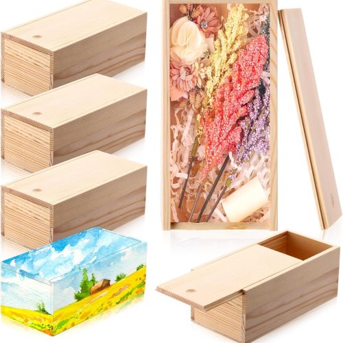 6 Pcs Unfinished Wood Boxes with Slide Lid, 7.87 x 3.94 x 3.15 Inches Rectangle Wooden Small Gift Box for Craft DIY Jewelry Bead Organizer(Wood Color)