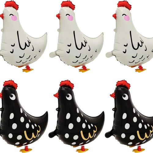 6Pcs Walking Pet Chicken Foil Balloons for kids gift,Standing Animal Mylar Balloon,Supplies Animal Theme Birthday Party Decorations Baby Shower (3Pcs white chicken 3Pcs black chicken)