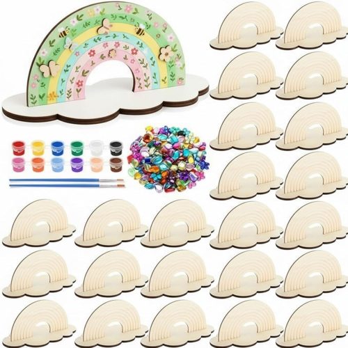 12 Sets Christmas Rainbow Painting Craft for Kids Party Favors, Art Wooden Painting Sets for Party Favors Brush Kit Return Gifts, Birthday Supplies Class Make Your Own Craft Kits