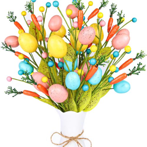 Easter Decorations, 6 pcs Easter Stems with Eggs Carrots and Berries, Artificial Flower Arrangement for Spring Decor, Egg Picks Centerpieces for Table