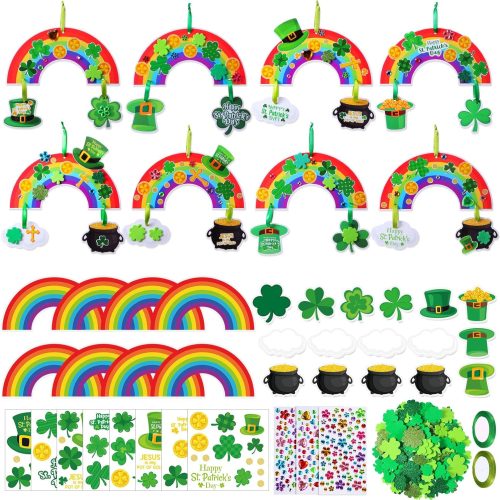48 Sets St. Patrick's Day Crafts Kit Rainbow Paper Crafts Green Shamrock Four-Leaf Lucky Clover Irish DIY Hanging Ornaments with Diamond Stickers for Classroom Activities Arts Party Favors