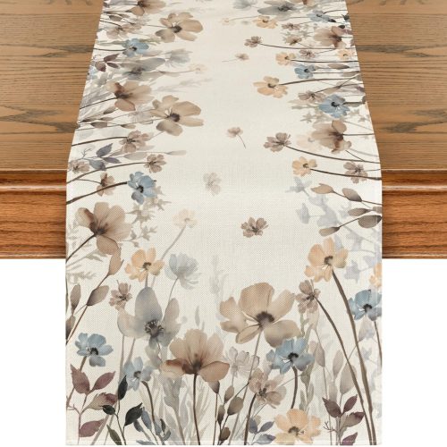Brown Poppy Flowers Floral Blossom Summer Table Runner, Fall Kitchen Dining Table Decoration for Home Party Decor 13x72 Inch