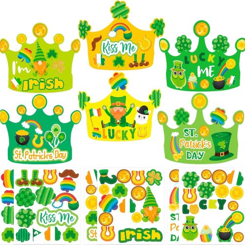 St. Patrick’s Day Crown Crafts Kit for Kids 24 Pack Shamrock Paper Hats St Patricks Day Party Favors Classroom Crafts Activities