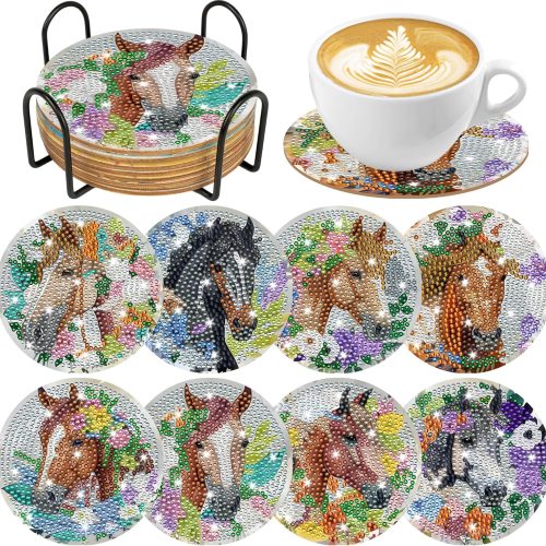 Horse Floral Diamond Art Coasters Kit: 8 Pcs Beautiful Horse Diamond Painting Coasters with Holder, DIY Crafts with Accessaries for Adults Beginners Home Decor Gifts