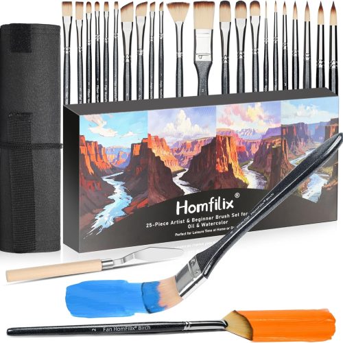 25pcs Paint Brushes for Acrylic Painting, Paint Brush Set, Painting Supplies, Watercolor Brushes, Includes Wide Flat, Flat, Filbert, Fan, Angle, Round, Rigger, Palette Knife, Painting Kits for Adults