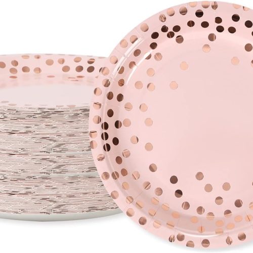 Pink & Rose Gold Dots Party Paper Plates, 50 PCS Disposable Party Supplies Dessert Paper Plates for Birthday Wedding Bridal Shower Supplies (7 inches)