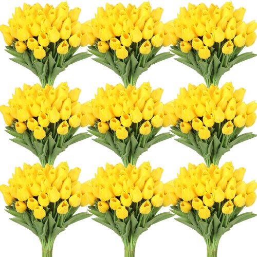 100pcs Artificial Tulip Flowers Fake PU Tulips Faux Latex Bouquet Flower Centerpieces Arrangement Floral for Mother Day Wedding Spring Decorations (Yellow)