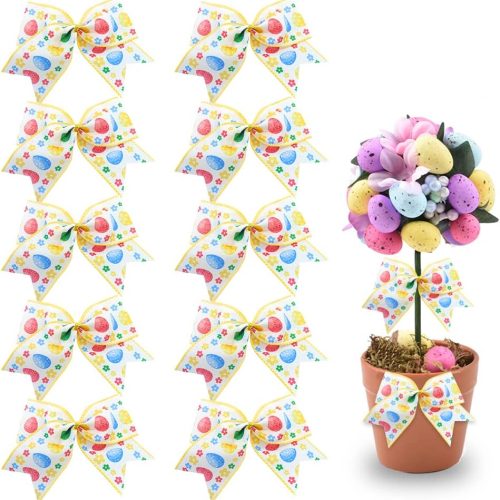 10 Pieces Easter Bows for Wreath, Happy Easter Wreath Bows White Yellow Burlap Bows Spring Holiday Eggs Flowers Gift Bows for Front Door Easter Spring Birthday Party Decorations Supplies