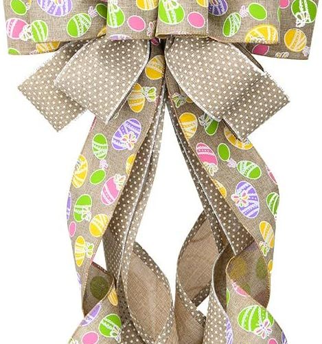 4 Large Easter Wreath Bows for Front Door, Flaxen Burlap Bows Easter Eggs Bow Holiday Spring Tree Topper Bows for Wreath Wall Window Easter Decorations