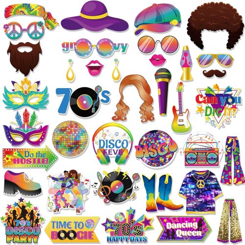 37 PCS 70s Photo Booth Props 70s Party Decorations, Disco Photoooth Props Disco Dance Party Decorations1970s Backdrop Selfie Prop