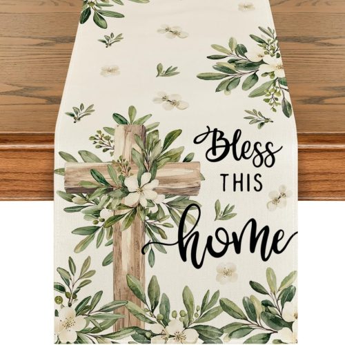 Cross Olive Leaves Spring Table Runner,Seasonal Summer Easter Kitchen Dining Table Decoration for Home Party Decor 13x72 Inch