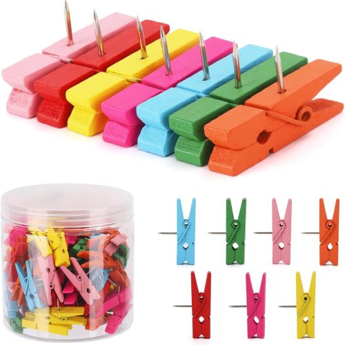 100 Pcs Push Pin with Wooden Clips Colorful Push Pin Clips,Decorative Push Pins for Cork Board Artwork