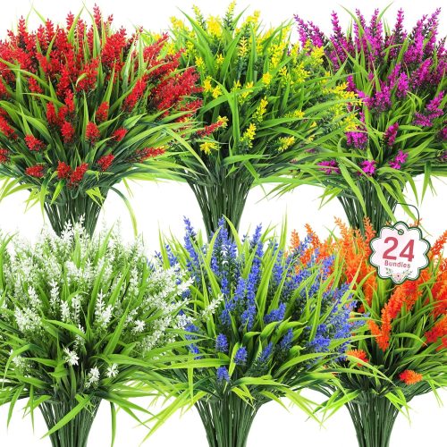 4 24 Bundles Artificial Flowers for Outdoors, Fake Lavender Flowers Monkey Grass Faux Plastic Plants Shrubs UV Resistant for Porch Garden Window Box Office Home Decorations, Mixed