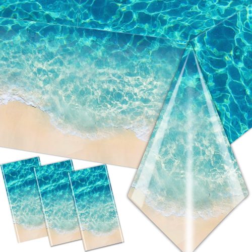 Ocean Waves Tablecloth, 3Pcs Summer Beach Pool Party Decorations Tablecloth Plastic Beach Ocean Water Print Table Cover for Hawaiian Party Birthday Supplies 54X108inch