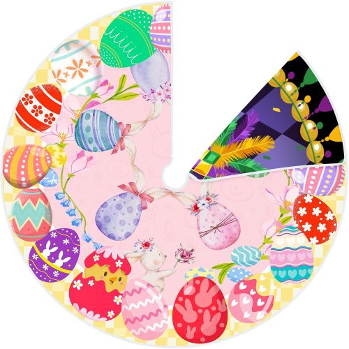 4 36 Inch Easter Tree Skirt Mardi Gras Tree Skirt Double Sided Mat with Masquerade Mask Feather Easter Bunny Eggs Pattern Christmas Tree Skirt for Holiday Decoration