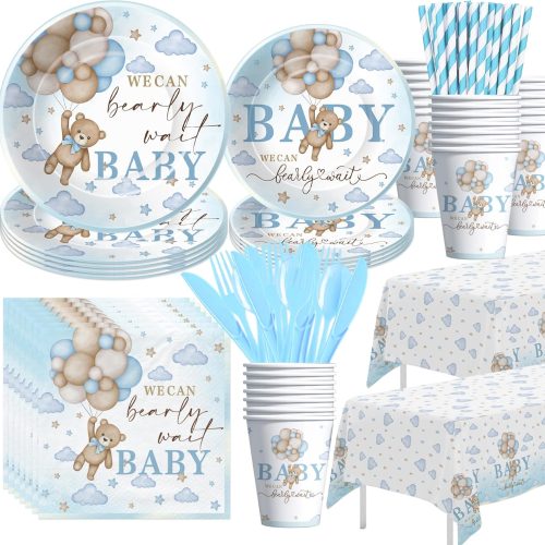 Bear Baby Shower Decorations Boy Tableware - Blue Bear We Can Bearly Wait Baby Shower Decorations Party Supplies, Paper Plate, Napkin, Cup, Cutlery, Tablecloth, 24 Guests