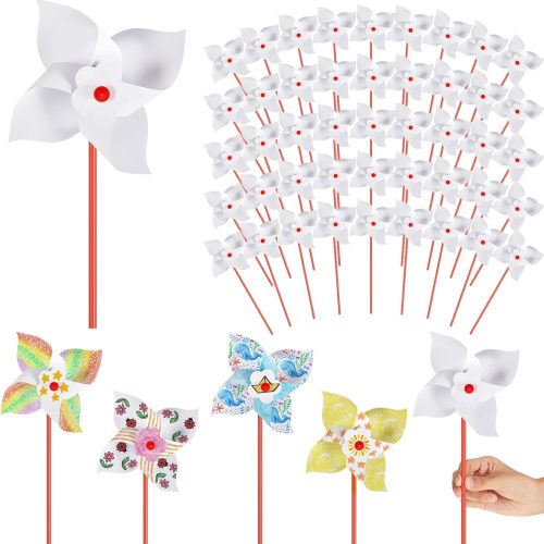 200 Pcs DIY Paper Pinwheels for Kids Bulk Summer Craft Kits White Blank Paper Pinwheels for Girl Boy School Group Activities Daycare Home Graffiti Art Craft Party Christmas (5.12 Inch)