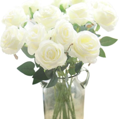 Artificial Silk Flowers Realistic Roses Bouquet Long Stem for Home Wedding Decoration Party (White)
