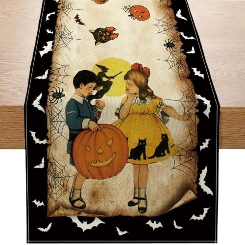 4 Vintage Halloween Table Runner Halloween Decorations - Black Vintage Style Boy Girl Bat Pumpkin Happy Halloween Trick or Treat Home Kitchen Dining Table Decor, Halloween Party Decorations 13 x 72 Inch