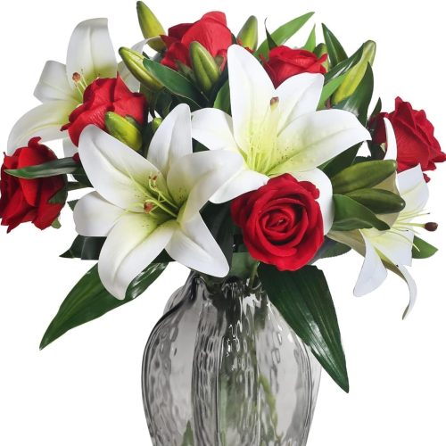 Silk Flower Arrangements with White Lillies Red Roses 11PCS Artificial Spring Flowers 15.6in Fake Flower Bouquet for Table Centerpieces Home Party Wedding（No Vase）