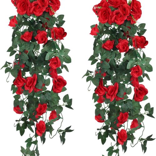 Hanging Flowers Artificial Plants 2PCS 3.3Ft Rose Vine Flower for Home Room Garden Wedding Indoor Outdoor Decoration Valentine Rose Decor Gift (Red)