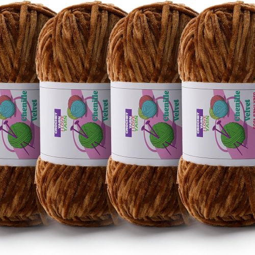 4 Skeins Soft Chunky Chenille Yarn, Plush Velvet Yarn for Hand Knitting and Crocheting, Fluffy Yarn for Crochet Blankets, Scarves, Hats（4×3.5oz, 4×131.2yds） (Dark Brown)