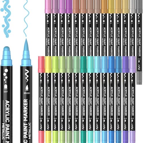 28 Metallic Colors Dual Tip Acrylic Paint Markers, Brush Tip and Dot Tip Acrylic Paint Pens for Rock, Ceramic, Wood, Canvas, Plastic, Glass, Stone, Calligraphy, Card Making, Crafts & Nail Art