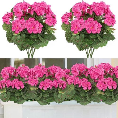 Artificial Fake Flowers Rose Red Geranium Silk Flowers Outdoor UV Resistant Plant Bush 2 Bundles Faux Flowers Geraniums for Outdoors Garden Porch Window Box Home Wedding Decor