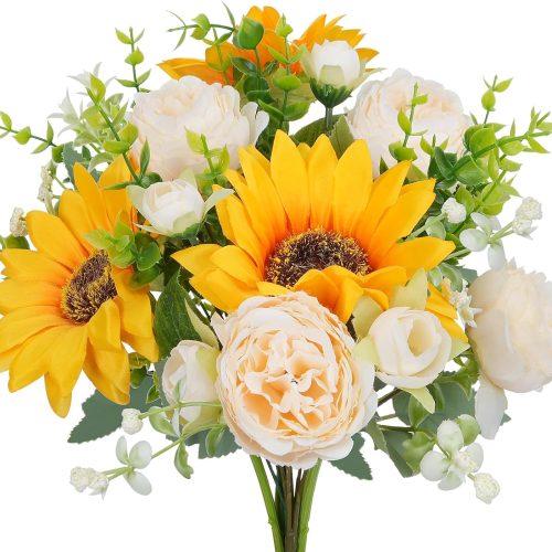 Peonies Artificial Flowers, 5 Pcs Fake Flowers Sunflowers Small Silk Flowers Faux Florals Arrangements Fake Bouquet for Home Decor Indoor Table Centerpiece Bridal Wedding Decor 14inch