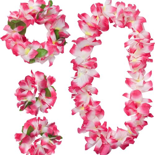 Hawaiian Leis Luau Party Wreath Set - Flower Necklace Headband and Bracelets, Great for Beach Wedding Birthday Holiday Hawaii Theme Party Activity Graduation Decoration (Pink)