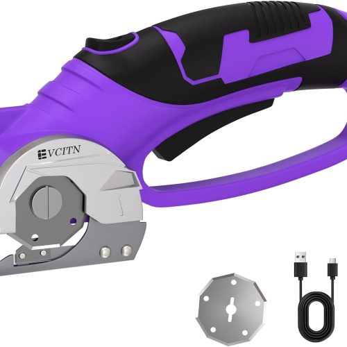 4 Cordless Electric Scissors,4V Rechargeable Cardboard & Carpet Cutter,Electric Self-Sharpening Rotary Cutter for Fabric,Heavy Duty Scissor with LED Light for Crafts Leather or Plastic Packages,Purple