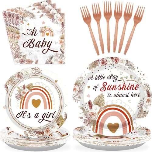 96Pcs Boho Baby Shower Decorations for Girl Boho Rainbow Baby Shower Plates and Napkins Tableware Set A Little Ray of Sunshine Baby Shower Party Supplies for Boho Rainbow Baby Shower Decor Serves 24