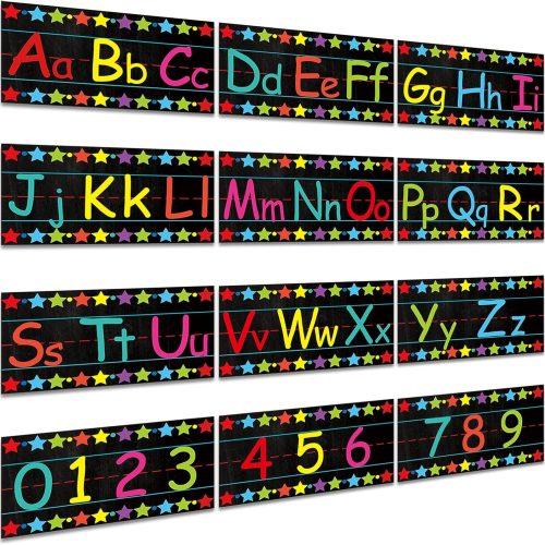 4 12 Pcs Alphabet for Classroom Wall Set Alphabet Bulletin Board Chart Number Line Including Numbers 0-9 and Adhesive Dots for Pre School Kindergarten Playroom Bedroom