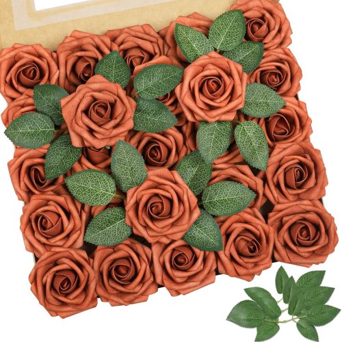 Artificial Flowers Burnt Orange Rose 25pcs Real Looking Fake Roses w/Stem for DIY Wedding Bouquets Centerpieces Arrangements Party Baby Shower Valentines Day Christmas Tree Decorations