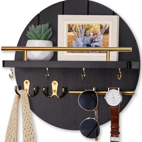 Wall Mount Key Holder, 11.8 Inch Rack With Shelf and 6 Hooks, Rustic Mail Organizer, Circular Wooden Hanger for Entryway Hallway Kitchen (Black&Gold)