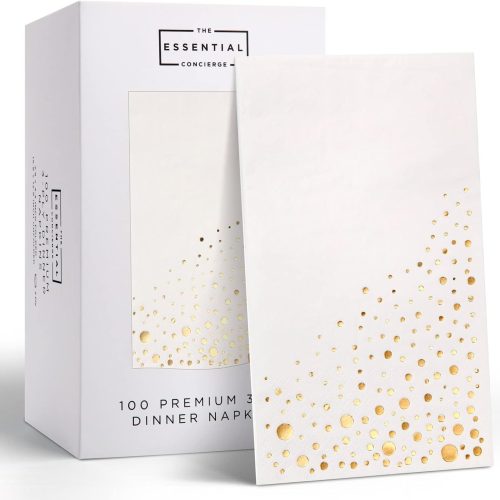 Stylish Gold Dinner Napkins, Disposable White and Gold Napkins, 100 Pack Party Napkins, 7.5 x 4.25 Inch Wedding Napkins for Reception, 3-Ply Paper Dinner Napkins for Wedding Reception
