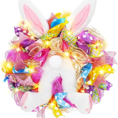 Easter Bunny Wreath with LED Lights Rabbit Butt Ear Easter Door Decorations 17.7 inches Window Wall Decor Spring Holiday Garland for Front Door Indoor Outdoor Supplies