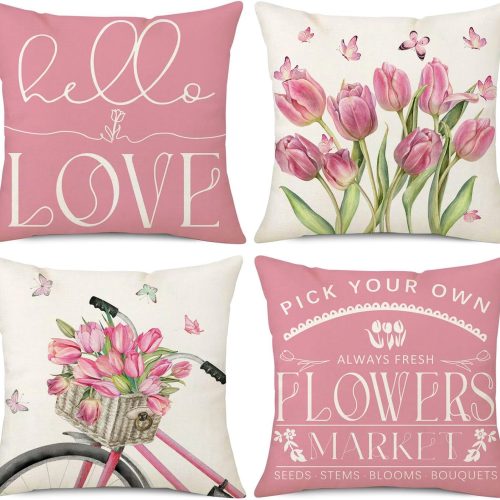 4 Spring Pillow Covers 18x18 Set of 4 Pink Tulips Bicycle Butterfly Spring Decorations Hello Love Flowers Mother's Day Throw Cushion Case for Sofa Couch