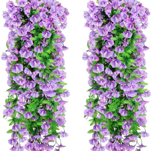 2PCS Artificial Hanging Flowers, UV Resistant Fake Plastic Faux Hanging Plants Morning Glory Vines for Indoor Outdoor Garden Porch Eave Wedding Wall Décor(Purple)