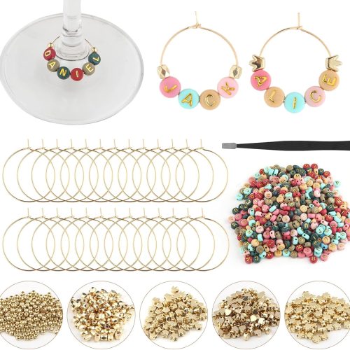 4 50 Set DIY Wine Glass Charms, 500 Letter Beads 300 Gold Bead Charms 50 Rings for Stem Glasses, Personalized Wine Glass Markers Tags for Wedding Party Decorations (Colorful)