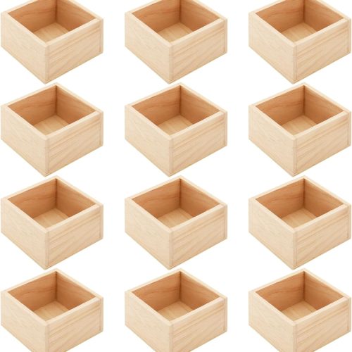 4 12 Pack Unfinished Small Wooden Box, 4" x 4" Square Wooden Box Craft Storage Organizer Boxes for Art Collectibles, Home Decor, Desktop Drawer Decor, Succulent Plant Pot
