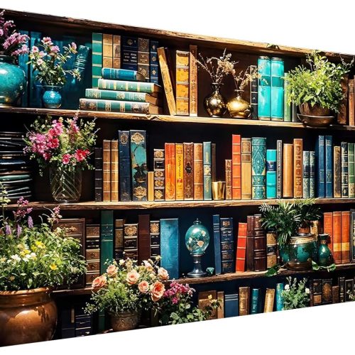 5D Bookshelf & Blooms Large Diamond Art Kit for Adults, 27.5x15.7 Inch Cozy Library Diamond Painting with Books & Flowers, DIY Full Drill Gem Craft Kits, Gift for Book Lovers & Beginners