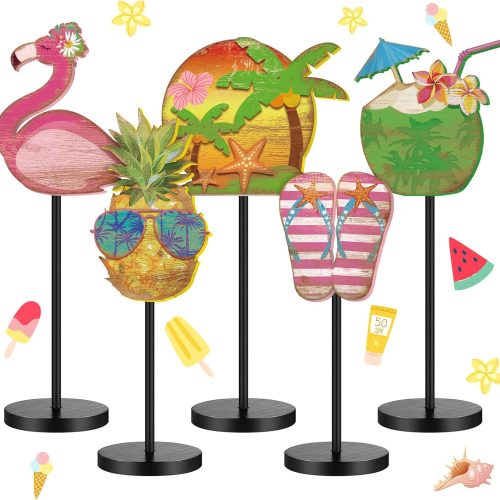 5 Pcs Summer Wooden Tabletop Decor Freestanding Wood Table Sign Summer Decorations for Home Rustic Tabletop Centerpiece Standing Block Decorations for Farmhouse Office (Beach)