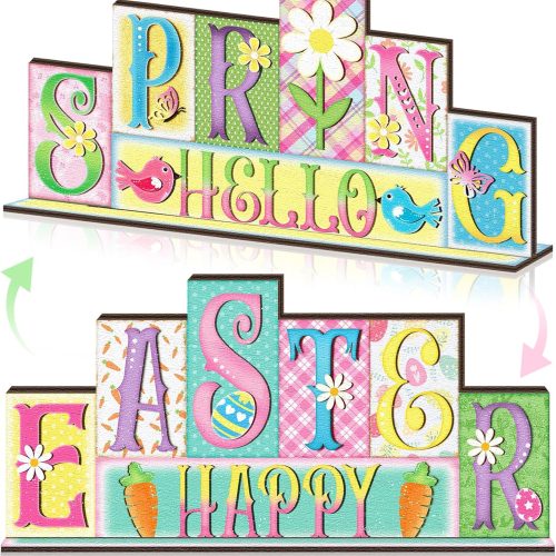 4 Farmhouse Easter Table Decorations Reversible Wooden Hello Spring Sign Farmhouse Tabletop Centerpiece Rustic Easter Spring Tiered Tray Decor for Home Office Desk Mantel Shelf