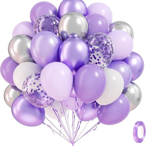 60pcs Purple and Silver Balloons 12inch with Pearl Purple White Metallic Silver Confetti Balloons for Wedding Bridal Baby Shower Birthday Party Decorations