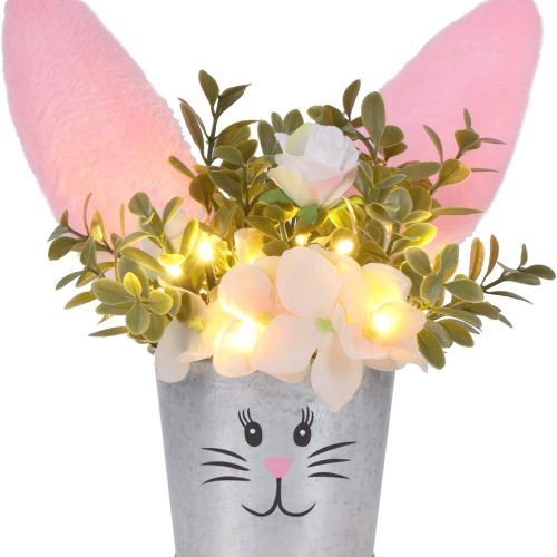 Easter Table Decorations Artificial Flower with Bunny Ear, Lighted Desk Decor Bunny Flowers, Easter Tabletop Decorations for Home Table Mantle Office Spring Party