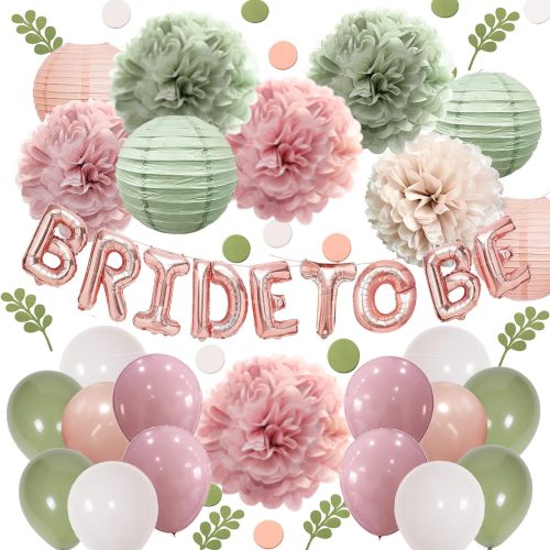 Bachelorette Decorations Pink Green- Bridal Shower Party Decor and Supplies Kit for Wedding With Foil Balloons Table Confetti Scatters Hanging Paper Lantern Tissue Flowers (Sage Green + Rose Pink)