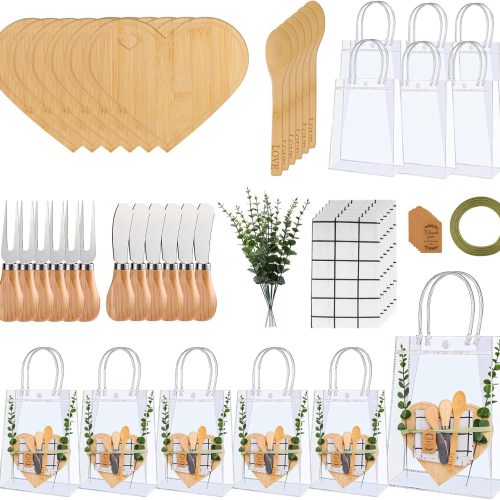 55 Pcs Baby Shower Prizes for Game Winners, 6 Sets Bamboo Cheese Board Kit with Utensils & Towel, Thank You Cards & Gift Bags for Adult Party Favors