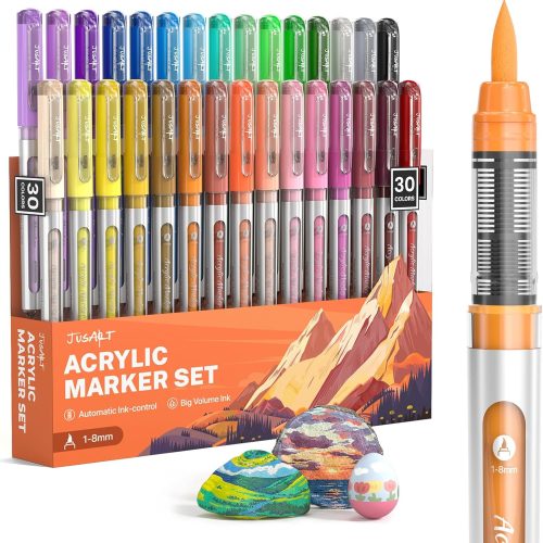 Acrylic Paint Markers Brush Tip 30 Colors, Water-Based No-Bleed Markers with Automatic Ink Control, Waterproof Acrylic Paint Pens for DIY Art & Crafts -Fabric, Rock, Wood, Glass, Ceramic, Metal