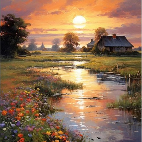 4 Paint by Numbers Kit for Adults Beginner, Countryside Sunset Adult Paint by Number Kits on Canvas Without Frame, Riverside Cabin Oil Paint by Numbers for Home Decor Gift 16” W x 20”L